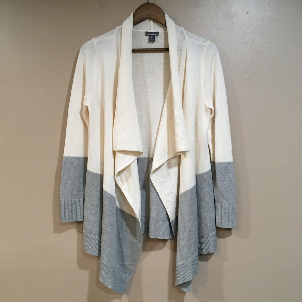 Eddie Bauer Merino Wool Drape Cardigan Womens S Cream Gray Minimalist Coastal